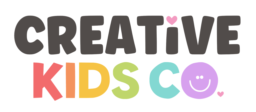 Logo of Creative Kids Co., featuring playful typography in various colors including gray, pink, orange, yellow, green, and purple, with a smiley face and hearts.