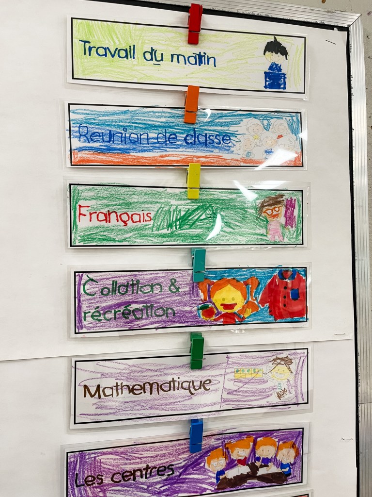 A bulletin board displaying colorful labels for various classroom activities in French, including 'Travail du matin', 'Réunion de classe', 'Français', 'Collation & récréation', 'Mathématique', and 'Les centres', with drawings and illustrations accompanying each label.
